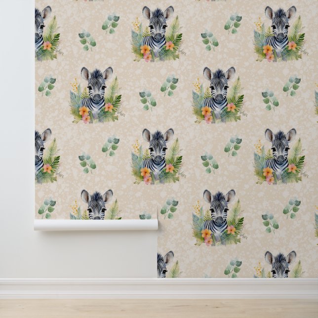 Papel Pintado Animales de Safari: vegetación de cebra en crema (Solicitud)