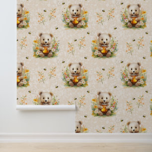 Papel Pintado Animales de Woodland Bear Flores salvajes Abeja