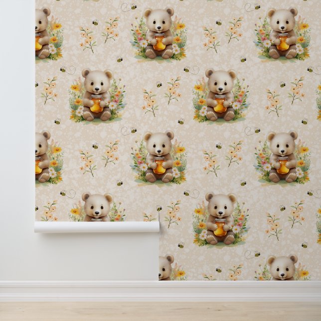 Papel Pintado Animales de Woodland Bear Flores salvajes Abeja (Solicitud)