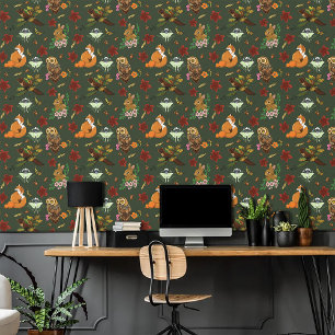 Papel Pintado Animales del bosque otoñal patrón verde
