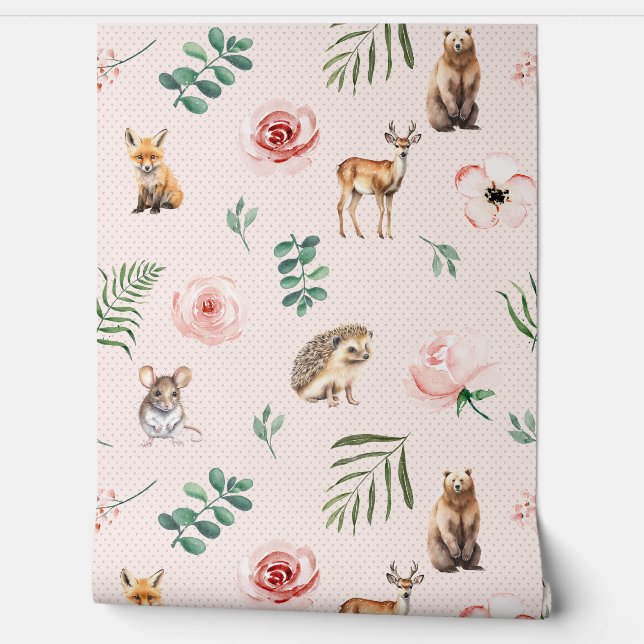 Papel Pintado Animales lindos bosque rosa (Desenrollar)