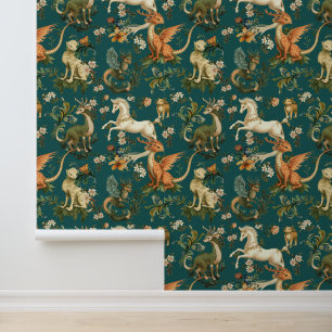 Papel Pintado Animales míticos Criaturas forestales Verde azulad