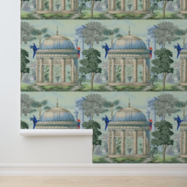 Papel Pintado Antiguo jardín griego de templos Macaw Pixie verde (Solicitud)