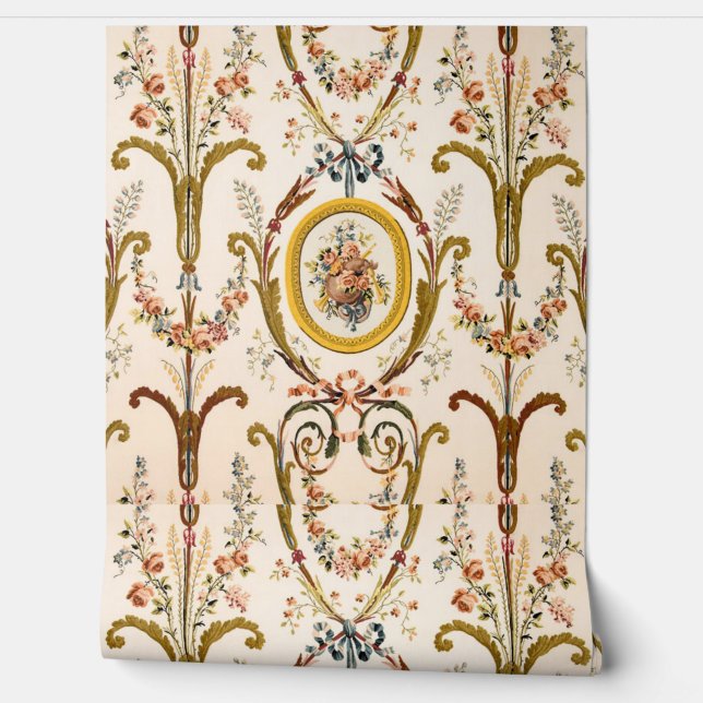 Papel Pintado Antiguo Rococo Floral Crema y Palo (Desenrollar)