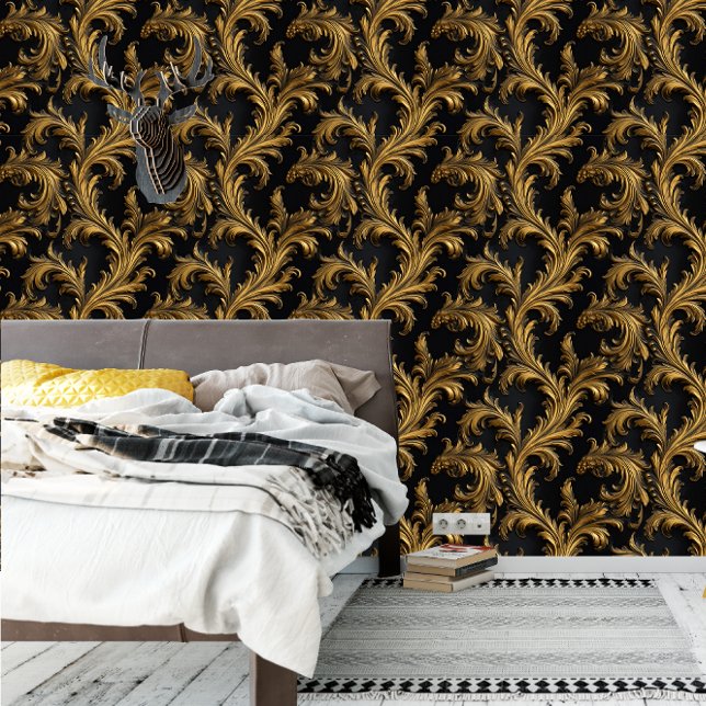 Papel Pintado Antiguo Rococo Negro Oro Barroco (Antique Rococo Black Gold Baroque Wallpaper)