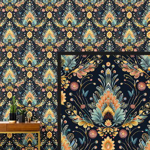 Papel Pintado Aqua Blue Naranja Yellow Gold Art Nouveau