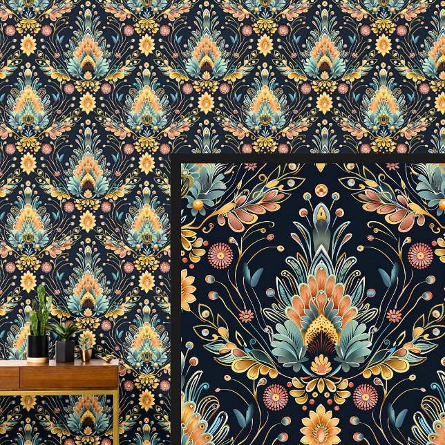 Papel Pintado Aqua Blue Naranja Yellow Gold Art Nouveau (Subido por el creador)