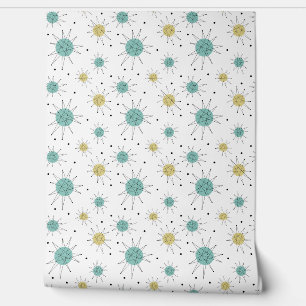 Papel Pintado Aqua Blue Yellow Franciscan Starburst Mid Century