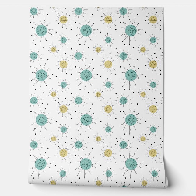 Papel Pintado Aqua Blue Yellow Franciscan Starburst Mid Century (Desenrollar)