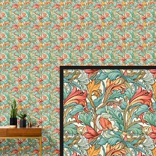 Papel Pintado Aqua Verde azulado Naranja verde Art Nouveau
