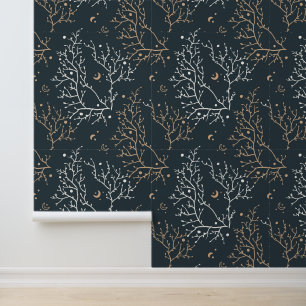 Papel Pintado Árbol Botánico Místico Luna Patrón Continuo Oscuro