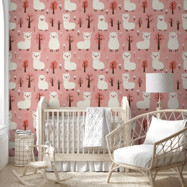 Papel Pintado Árbol de alpaca floral Nursera rosa blanco (Niños)