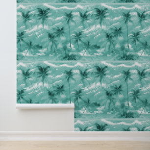 Papel Pintado Árbol de coco tropical verde azulado