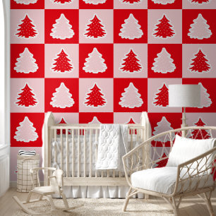 Papel Pintado Árbol de Navidad Rojo Retro Tartán Rojo Plantado