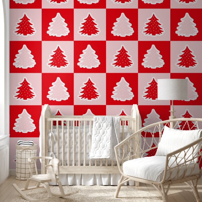 Papel Pintado Árbol de Navidad Rojo Retro Tartán Rojo Plantado (Niños)