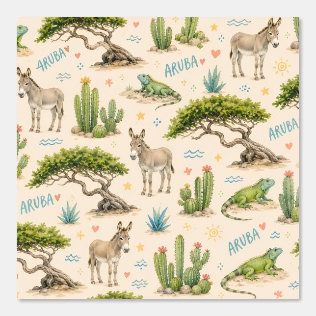 Papel Pintado árbol divi de Aruba, burro, iguana, cactus (Anverso)