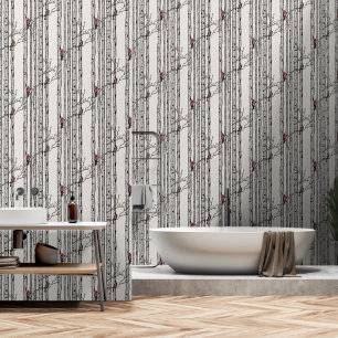 Papel Pintado Árboles de aves modernos y aves cardinales rojas