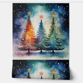 Papel Pintado Árboles de invierno festivos con acuarela texturiz