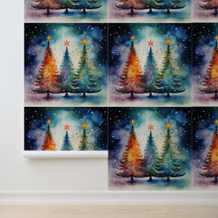 Papel Pintado Árboles de invierno festivos con acuarela texturiz
