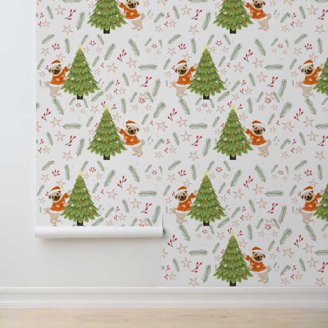 Papel Pintado Árboles de Navidad y fondo de patrón de perro de p (Solicitud)