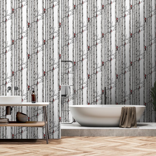 Papel Pintado Árboles de pájaros blancos modernos y aves cardina (Baño)