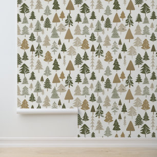 Papel Pintado Árboles navideños modernos Patrón verde oliva