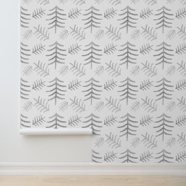 Papel Pintado Árboles navideños modernos plateados en blanco