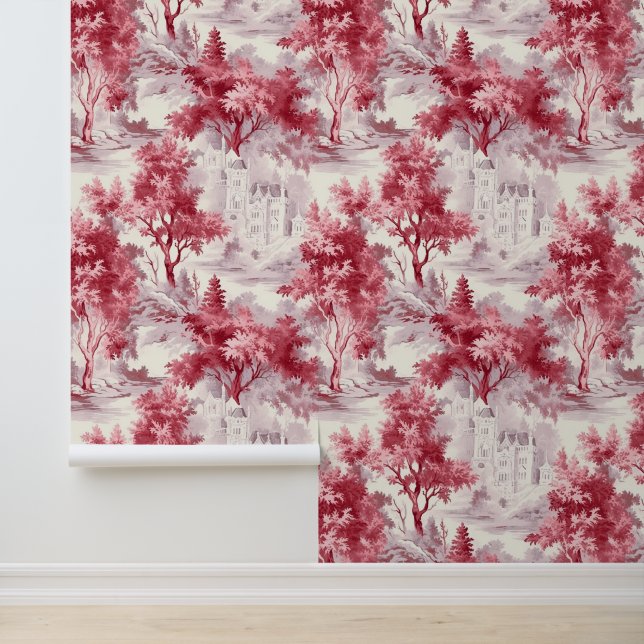 Papel Pintado Árboles rojos y castillo de tela francesa (Solicitud)