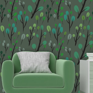 Papel Pintado Árboles verdes estilizados modernos con trompetas
