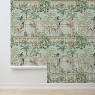 Papel Pintado Arco de jardín griego vintage loro árboles tropica