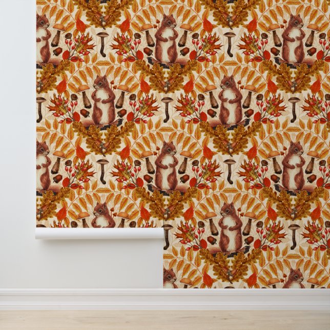 Papel Pintado Ardilla otoñal en blanco roto (Solicitud)