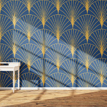 Art Deco Abanicos Geométricos Dorados sobre Azul M