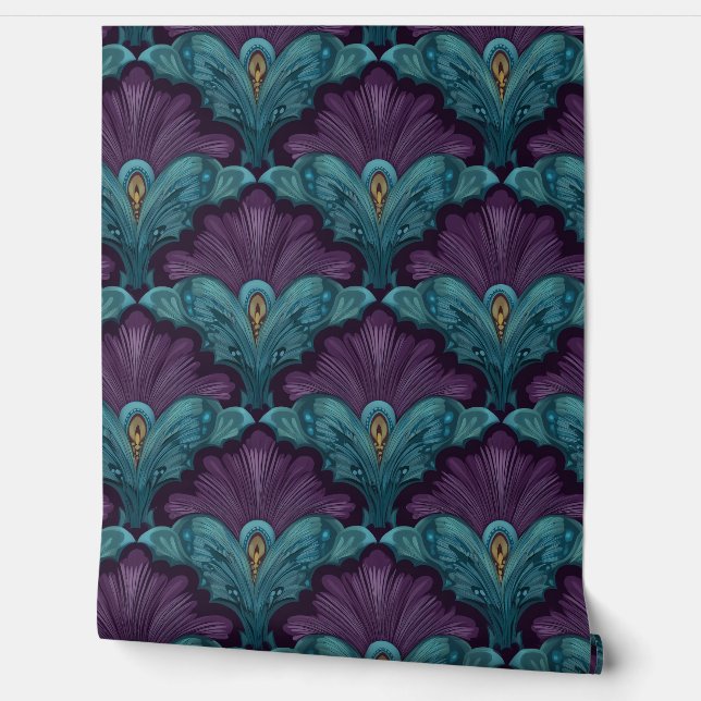 Papel Pintado Art Deco Dark Purple and Teal Fans (Desenrollar)