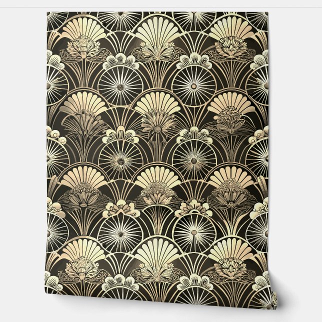 Papel Pintado Art Deco Dorado Floral Geométrico Malhumorado (Desenrollar)
