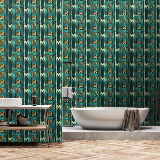 Papel Pintado Art Deco Geometric Arrows, Gold and Turquoise (Baño)