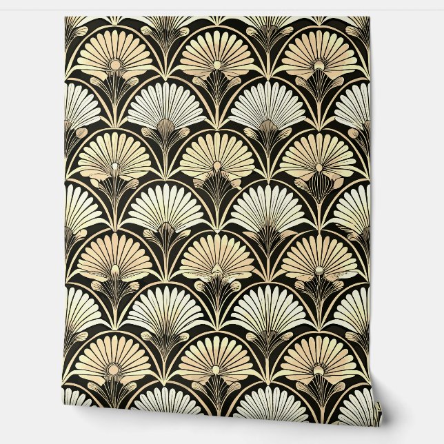 Papel Pintado Art Deco Gold Floral Fan Accent Wall (Desenrollar)