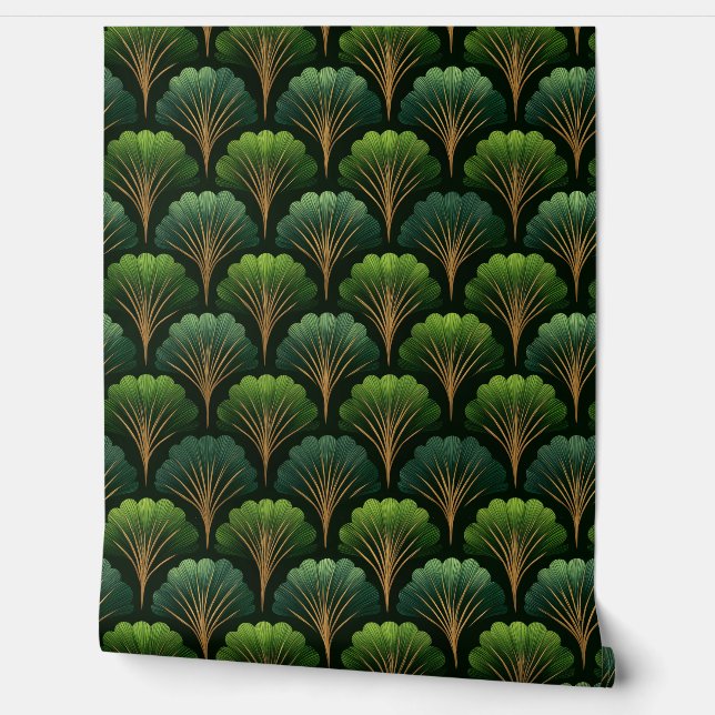 Papel Pintado Art Deco Green and Gold Palm Leaves (Desenrollar)