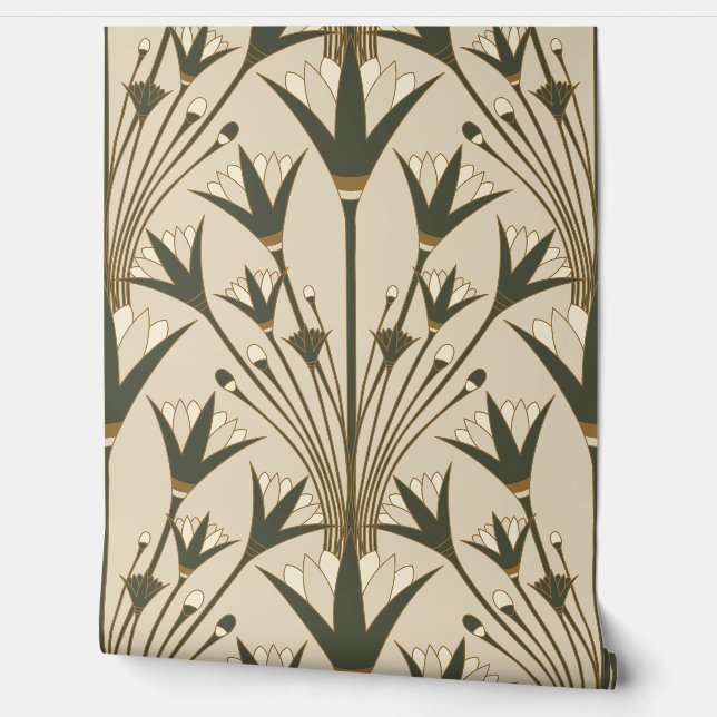 Papel Pintado Art Deco Lotus - Scallop Lotus - Brown & Green (Desenrollar)