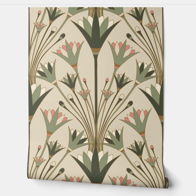 Papel Pintado Art Deco Lotus - Scallop Lotus - Brown & Pink (Desenrollar)