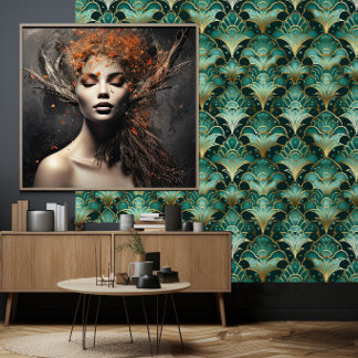 Papel Pintado Art Deco Verde Esmeralda Turquesa Dorado
