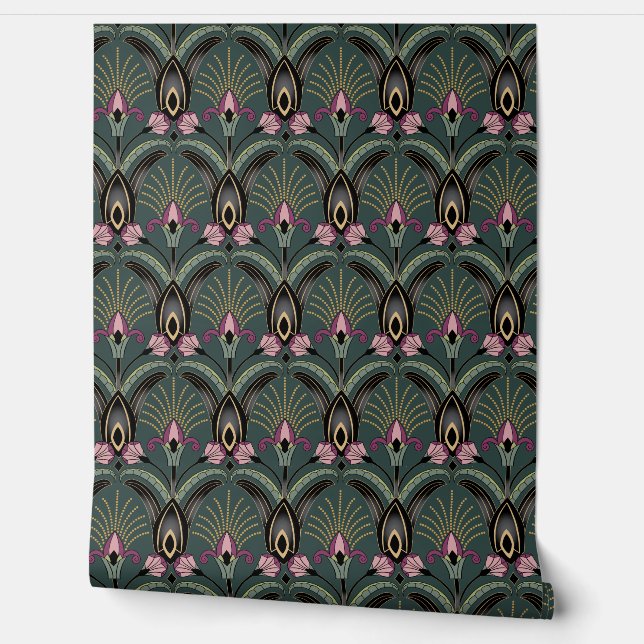Papel Pintado Art Deco Verde y Negro (Desenrollar)