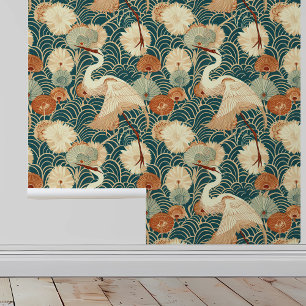 Papel Pintado Art Nouveau Cranes Green
