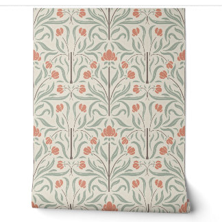 Papel Pintado Art Nouveau Floral en Verde Salvia Terracota Beige
