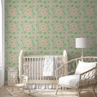 Papel Pintado Art Nouveau floral verde rosa