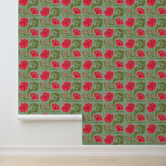 Papel Pintado Art Nouveau verde rojo floral