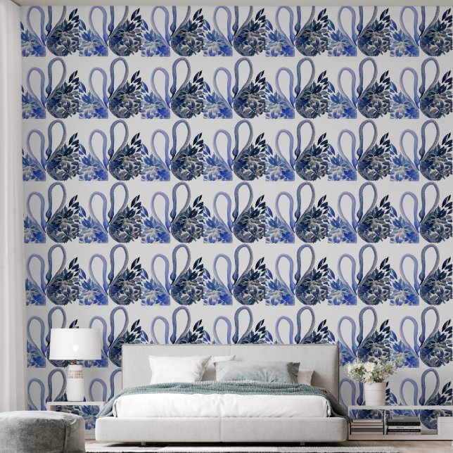 Papel Pintado Arte Acuarela de Cisnes Azules (Dormitorio)