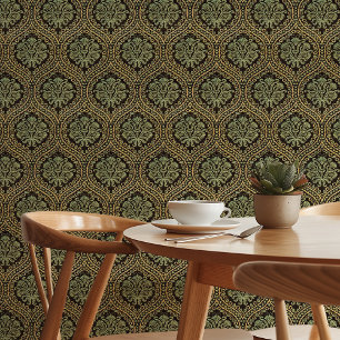 Papel Pintado Arte Antiguo Moderno Elegante Patrón Verde y Dorad