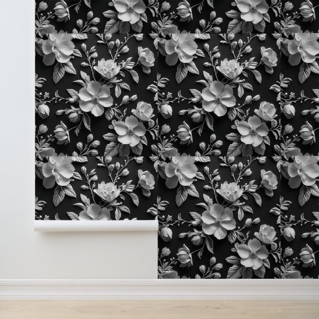 Papel Pintado Arte botánico 3D Floral negro y blanco extraíble (Solicitud)