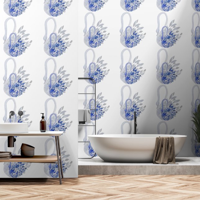 Papel Pintado Arte de acuarela de cisne azul (Baño)