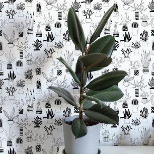 Papel Pintado Arte de cactus suculento en blanco y negro